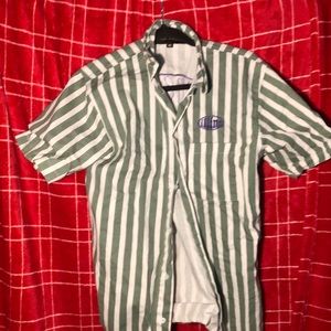 “Illegal innocence” green and white striped medium bowler type dress shirt